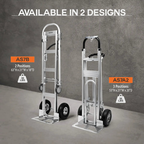 AS7B Heavy Duty Aluminum Hand Truck 2 In 1 Convertible Dolly, 800 Lb Capacity, shown in two available designs