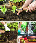Person using Weed Puller Tool With Heavy Duty Steel Curved Head, Manual Weeder, Hand Cultivator And Garden Hoe for planting and tilling.