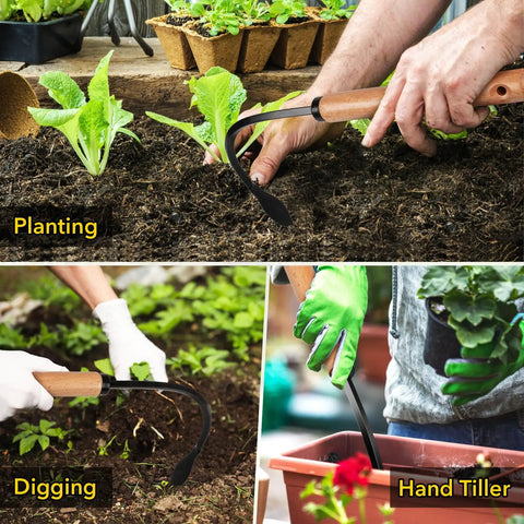 Person using Weed Puller Tool With Heavy Duty Steel Curved Head, Manual Weeder, Hand Cultivator And Garden Hoe for planting and tilling.