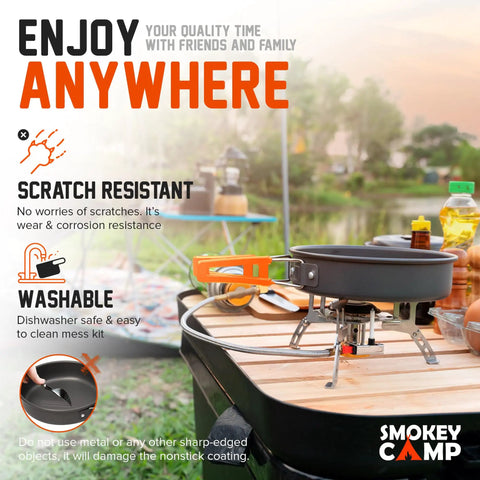 All In One 11 Piece Camping Cookware Set With Stove And Adapter For Backpacking Hiking And Picnics, nonstick pan on portable stove