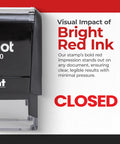 Self Inking Closed Rubber Stamp With Built In Ink Pad For Office Invoices And Paperwork Featuring No Sweat Quick Press Action, showing bold red ink.