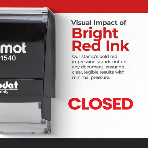 Self Inking Closed Rubber Stamp With Built In Ink Pad For Office Invoices And Paperwork Featuring No Sweat Quick Press Action, showing bold red ink.