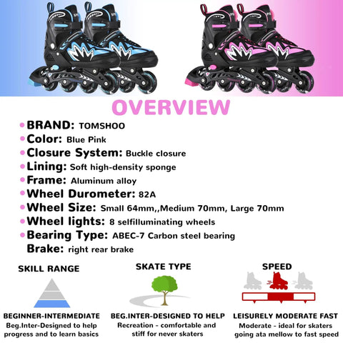 Cool Adjustable Kids Inline Skates With Full Light Up Wheels For Girls And Boys, Safe Ankle Support, Aluminum Frame Overview