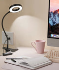 Clip On Led Desk Light With 48 LEDs, USB Powered, Three Color Modes And Ten Brightness Levels Per Mode on a desk by a computer monitor