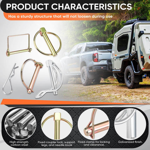 Rugged Hitch Pin And Trailer Pin Assortment Kit For Trailers Tractors Trucks Tow Jobs And Farm Equipment With Cotter Pins Lynch Pins Straight Pins Square Pins Arch Pins And Tube Pins For Heavy Duty Use shown with a trailer and truck