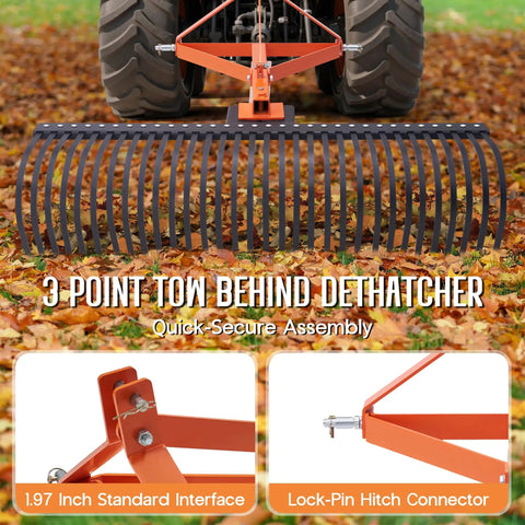 3 Point Tow Behind Rake With 60 Inch Width And 32 Steel Tines, Adjustable Angle Lawn Dethatcher And Landscape Rake, front view