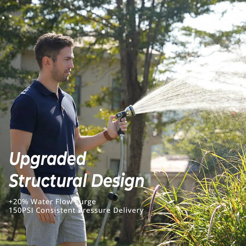 Person using Retractable Garden Hose Reel One Half Inch By One Hundred Feet, spraying water on garden with text overlay "Upgraded Structural Design"
