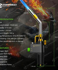 Diagram of Heavy Duty Torch Kit with Auto Igniter showing dimensions and features, including MAPP gas compatibility and metal handle.