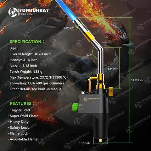 Diagram of Heavy Duty Torch Kit with Auto Igniter showing dimensions and features, including MAPP gas compatibility and metal handle.