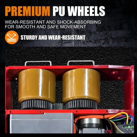 Close-up of heavy duty electric machinery skate dolly with premium PU wheels, showcasing shock-absorbing features and robust design.