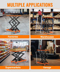 Hydraulic lift table cart with orange platform and black steel scissor frame on wheels.