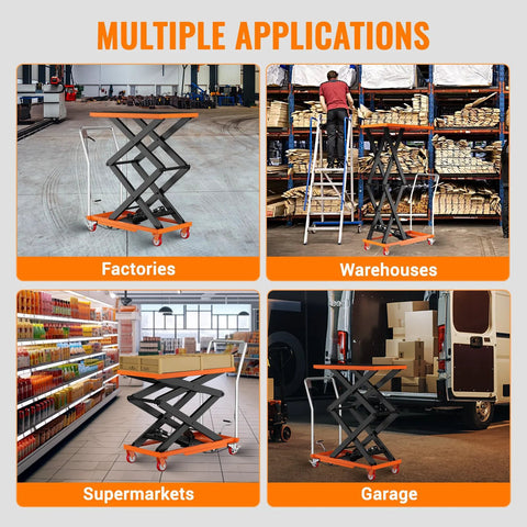 Hydraulic lift table cart with orange platform and black steel scissor frame on wheels.