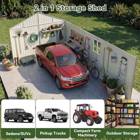 Beefy Heavy Duty Metal Storage Shed Outdoor Carport With Double Doors, Side Door And Windows, 12x20x9.3 ft storing a red truck