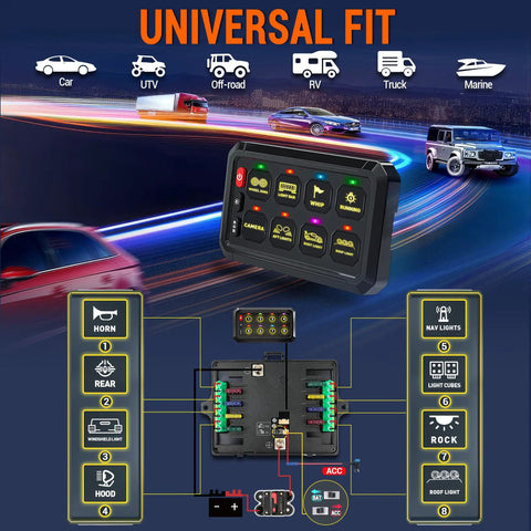 Eight Gang RGB Switch Panel for Cars Trucks Boats Marine ATVs UTVs Universal Circuit Control Relay System with LED display