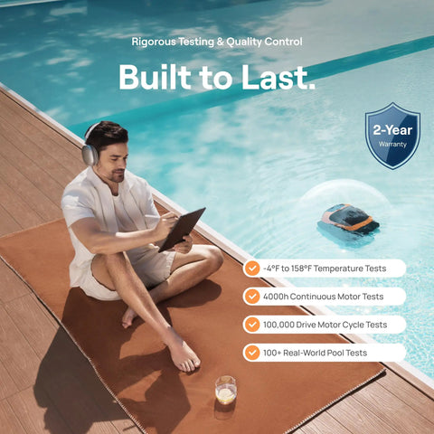 Man relaxing by pool while Sora 30 Pool Vacuum Robot 4 In 1 Cleaner for Shallow Areas operates on water surface