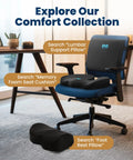 Feel The Ultimate Comfort With This Doctor Approved Memory Foam Seat Cushion Designed For Office Chairs And Cars To Crush Tailbone Pain And Sciatica Suffering While Boosting Your Posture During Those Long Grind Sessions In Style Black on a blue office chair.