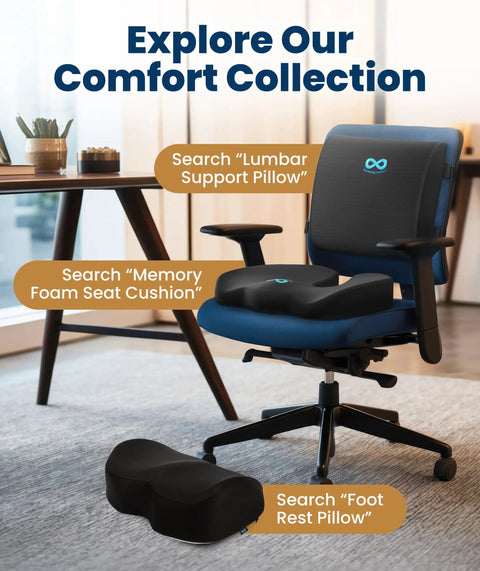 Feel The Ultimate Comfort With This Doctor Approved Memory Foam Seat Cushion Designed For Office Chairs And Cars To Crush Tailbone Pain And Sciatica Suffering While Boosting Your Posture During Those Long Grind Sessions In Style Black on a blue office chair.