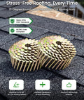 Pro Grade 15 Degree Coil Roofing Nails 1 1 2 Inch 720 Piece Box Wire Collated with smooth round heads on roofing material.