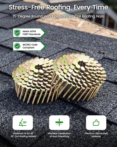 Pro Grade 15 Degree Coil Roofing Nails 1 1 2 Inch 720 Piece Box Wire Collated with smooth round heads on roofing material.