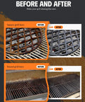 Before and after cleaning with Bristle Free Grill Brush With Five Replacement Heads For Cast Iron And Stainless Steel Grates