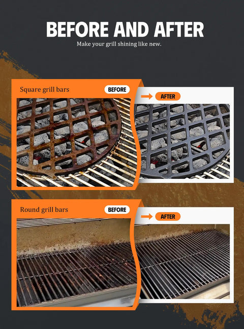 Before and after cleaning with Bristle Free Grill Brush With Five Replacement Heads For Cast Iron And Stainless Steel Grates