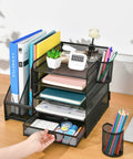 Five Tier Desk Organizer With File Holder And Drawer, Mesh Letter Tray Office Organizer With Two Pen Holders And Magazine Holder