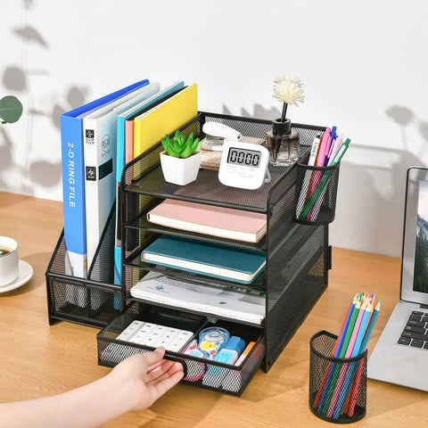 Five Tier Desk Organizer With File Holder And Drawer, Mesh Letter Tray Office Organizer With Two Pen Holders And Magazine Holder