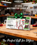 27 Piece Multimeter Test Leads Set With Alligator Clips And Needle Probes, CAT III 1000V CAT IV 600V Safety Rated box on workbench