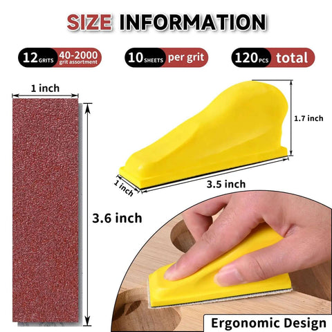 Micro Sander Kit With Detail And Mini Hand Sanding Block 120 Piece Aluminum Oxide Sandpaper Set size information diagram