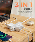 25 Ft Space Saving Flat Plug Extension Cord With 3 Prong Ultra Thin Power Strip And 360 Degree Rotating Plug on desk charging devices