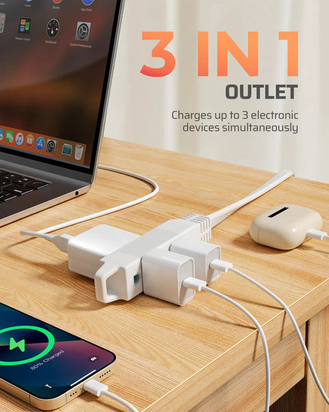 25 Ft Space Saving Flat Plug Extension Cord With 3 Prong Ultra Thin Power Strip And 360 Degree Rotating Plug on desk charging devices
