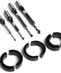 Mortising Attachment Kit With Four Chisel And Bit Sets One Quarter Inch Five Sixteenths Inch Three Eighths Inch And One Half Inch Plus Carrying Case Big Four Inch Capacity Under Hold Downs For Solid Wood Projects And Precise Fence Alignment, showing chisel sets and collars.