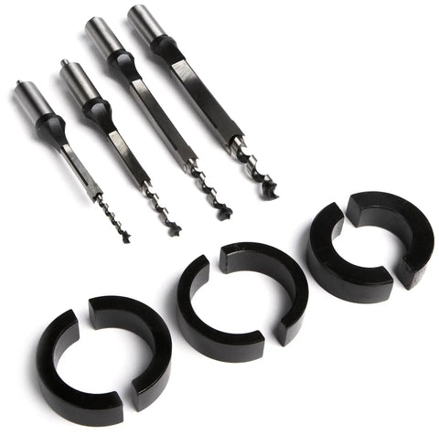 Mortising Attachment Kit With Four Chisel And Bit Sets One Quarter Inch Five Sixteenths Inch Three Eighths Inch And One Half Inch Plus Carrying Case Big Four Inch Capacity Under Hold Downs For Solid Wood Projects And Precise Fence Alignment, showing chisel sets and collars.