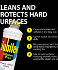 Bottle of Jubilee Kitchen Wax with text highlighting cleaning and protection features, for hard surfaces, laminate, wood, and more.