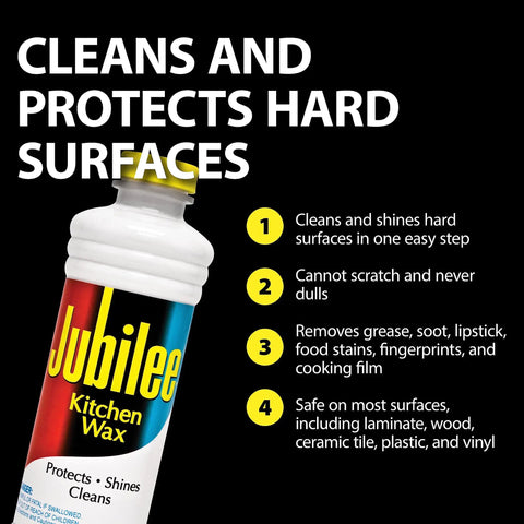 Bottle of Jubilee Kitchen Wax with text highlighting cleaning and protection features, for hard surfaces, laminate, wood, and more.