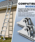 Two Pack Aluminum Anti Skid Shoe Kit with rubber padded ladder feet shown next to aluminum extension ladder compatible with multiple models