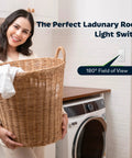 Woman with laundry basket near motion sensor switch with PIR ambient light level in laundry room, 180° field of view indicated