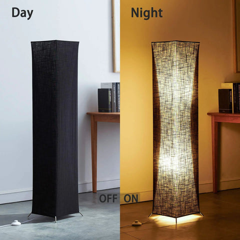Modern Floor Lamp With Color Changing RGB Bulbs, day and night view, black linen shade, dimmable smart lighting, living room.