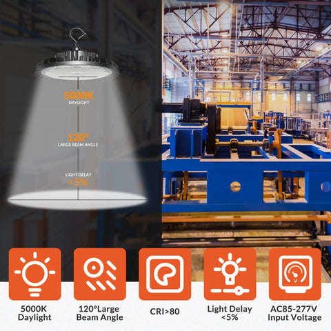 Ridiculously Bright 150W LED High Bay Light With 21000 Lumens 5000K Waterproof UFO Fixture in warehouse setting