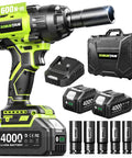 Heavy Duty Cordless One Half Inch Drive Impact Wrench With Brushless Motor 1600 Nm Torque 2400 RPM Dual 4Ah Batteries