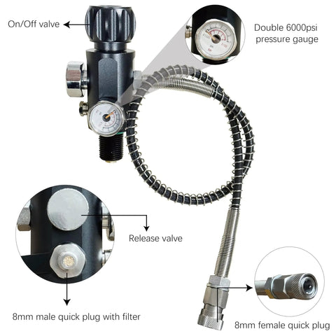 CE EN Certified 2L 122 Cu In 4500 Psi Air Tank for Paintball HPA PCP and Scuba Carbon Fiber with dual gauge and quick disconnect fittings