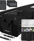 Trunk Organizer With Cooler For SUV And Car, Collapsible Multi Compartment Storage Box With Non Slip Bottom And Straps shown with drinks in cooler
