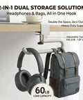 Heavy Duty Clamp On Desk Hook For Bags And Backpacks With Anti Slip Grip, holding headphones and a backpack