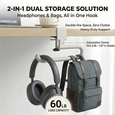 Heavy Duty Clamp On Desk Hook For Bags And Backpacks With Anti Slip Grip, holding headphones and a backpack