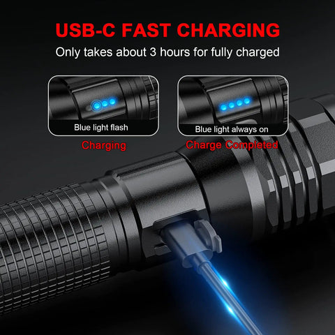 Beast Mode Rechargeable LED Flashlight S5000 with USB-C charging cable connected, showing charging indicator lights.