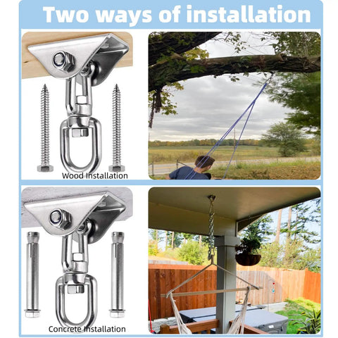 Heavy Duty Hammock Hanging Kit With 1000 Pound Capacity And 360 Degree Rotate Swing Hooks For Indoor Outdoor Use Real Easy Setup showing wood and concrete installation