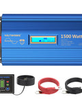 Rugged 1500 Watt Pure Sine Wave Inverter Effortlessly Converts 12V DC To 120V AC With Triple Outlets And Dual USB Chargers, blue metal design.