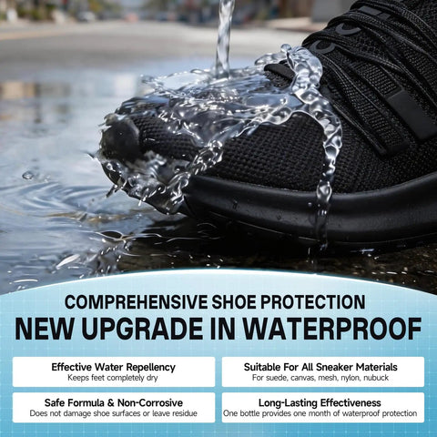 Shoe Protector Spray Waterproof Formula Builds Invisible Shield For Sneakers And Boots Against Rain Slush Mud And Coffee To Keep Your Kicks Looking Legit All Year Long, black sneaker with water repellent feature.