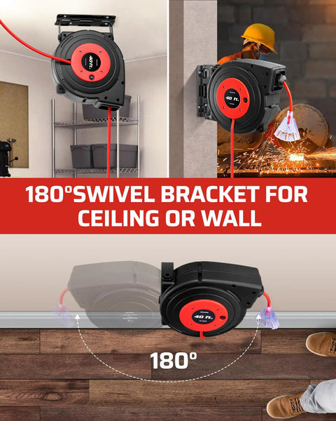 Retractable Extension Cord Reel With 40 Ft Heavy Duty Power Cord 12/3C SJTOW Lighted Triple Tap Outlets 15A Circuit Breaker Wall Or Ceiling Mount UL Listed Red mounted on a wall demonstrating 180-degree swivel feature