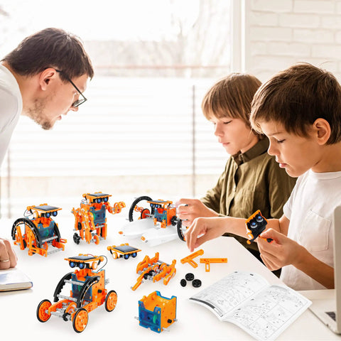 Sun Powered 13 in 1 Solar Robot Kit for Kids Ages 8 to 12 building session with children at a table